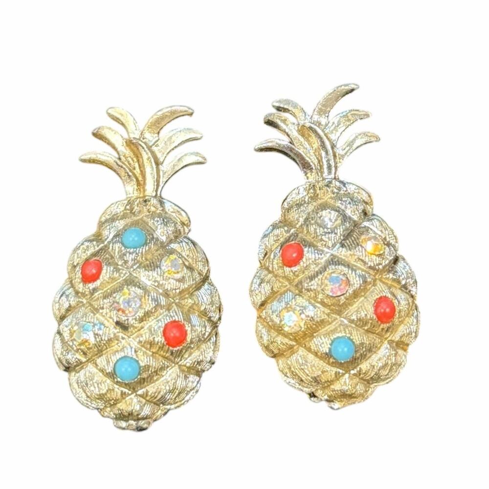 Vintage Gold Tone Pineapple Clip On Earrings Rhinestone & Enamel Details*